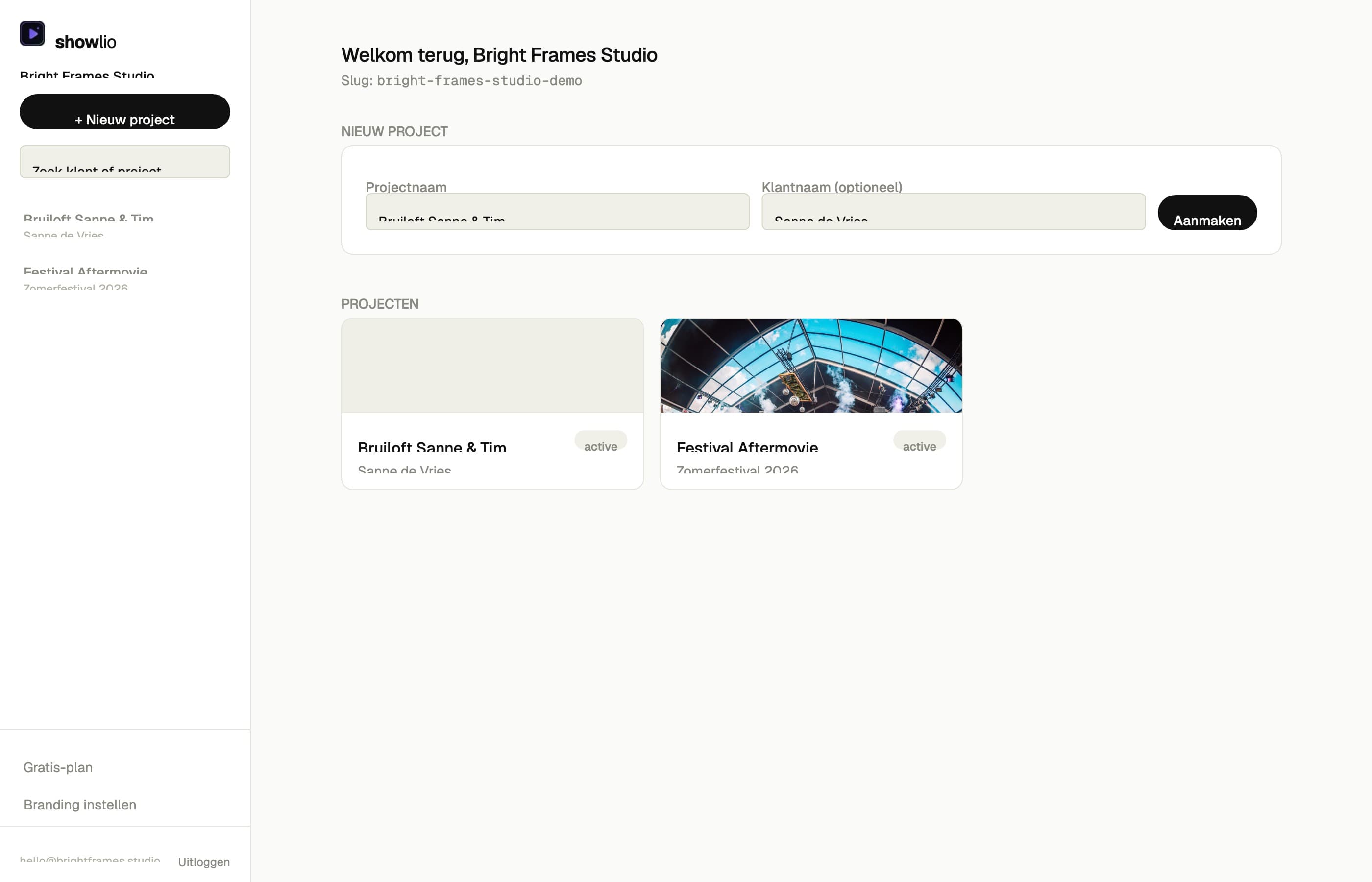Showlio-dashboard met projectenoverzicht