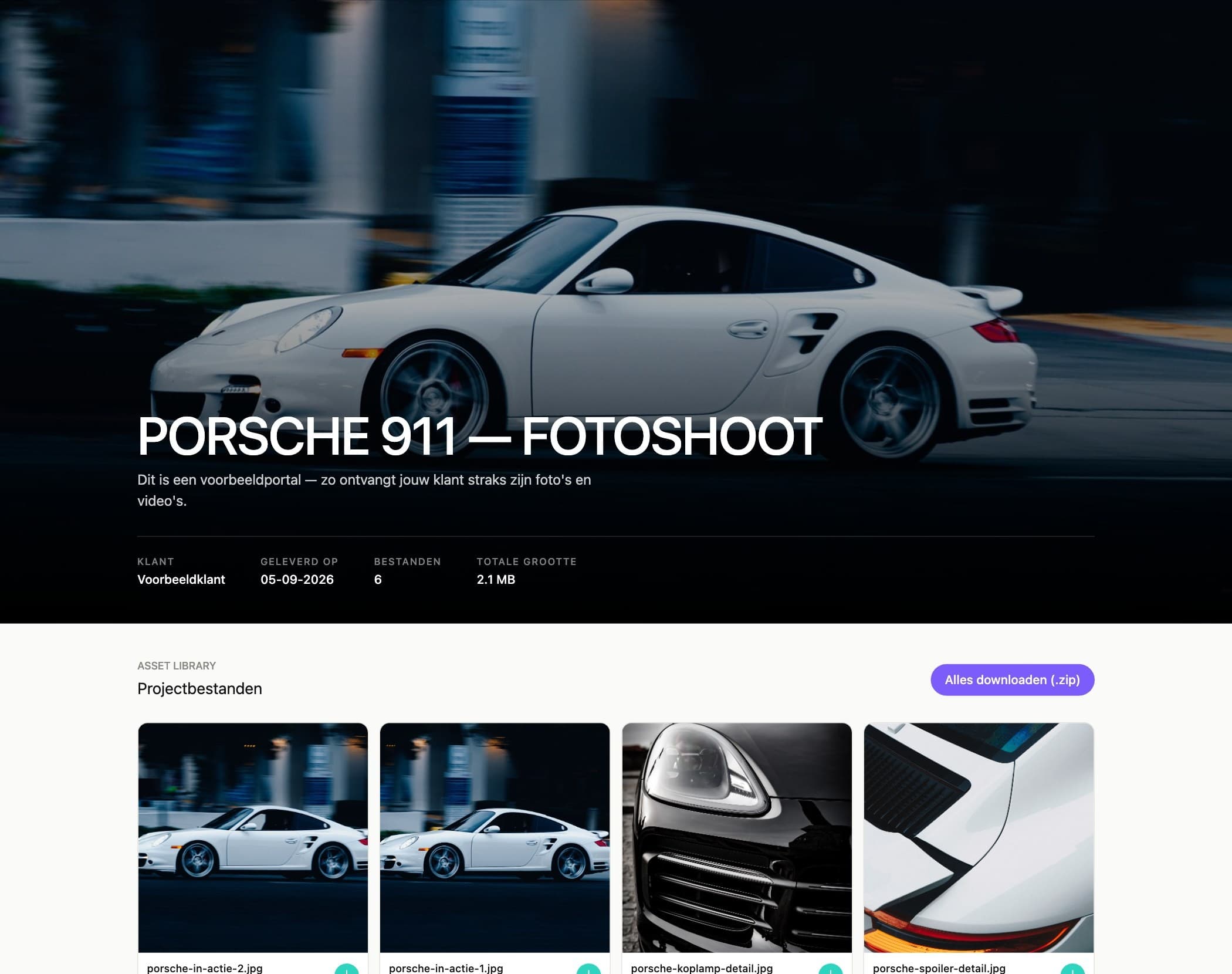 Showlio-klantportal in eigen huisstijl, met echte projectfoto's